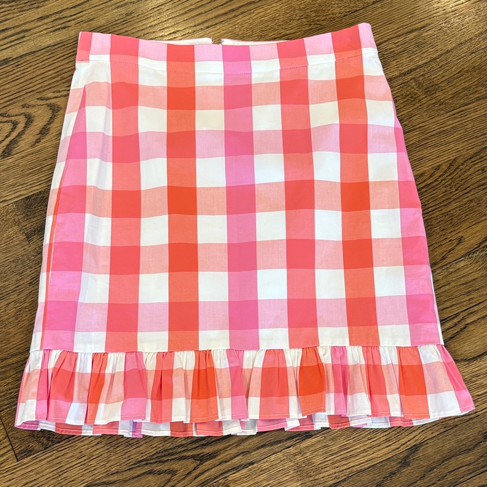 J. Crew Gingham Ruffle Hem Mini Skirt - Pink & Coral, 0